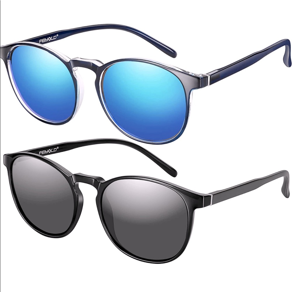 NEW! 2 Pairs Sunglasses Lightweight Polarized Round UV400 Protection Black Blue